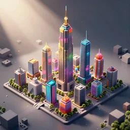 an epic 3D city, made up of colorful particles, isometric view, digital art