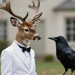an anthro deer wearing a white formal coat, talking to a crow, hyperrealistic, concept art, octane render, unreal engine 5, trending on DeviantArt, highly detailed, high quality, 8K, soft lighting, cute, natural lighting, realistic face, trending on Artstation, elegant clothes, profile picture, path traced, house background
