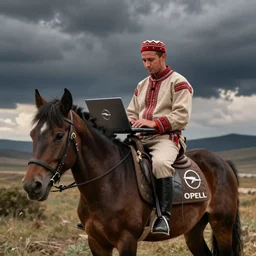 typical IT specialist in traditional tatar outfit, working on a laptop while sitting on a horse, horse has Opel logo printed on it.