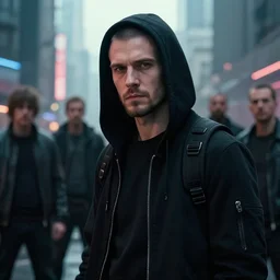buzzcut russian man wearing black hoodie, hooded, stubble, gang in background, bladerunner 2 0 4 9, city, cinematic, film still