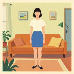 risograph grainy drawing vintage advertising, wes anderson color palette, james gilleard full body character portrait, simplified woman in her livingroom, full body portrait, very low poly, 1 9 6 0, kodak, with, natural colors, painting by james gilleard moebius and satoshi kon and dirk dzimirsky