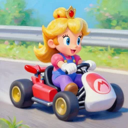An impressionist oil painting of Princess Daisy from Mario Kart
