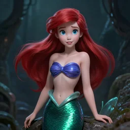 grimdark little mermaid ariel action hero, detailed masterpiece digital art, dark tone