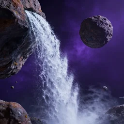 waterfall on an asteroid in space, water falls to another asteroid, purplish space in background, ultra realistic, ultra detailed, artstation award winner, octane render