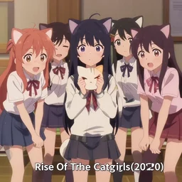 “group of catgirls playing together, anime film still. Rise Of The Catgirls(2020)”