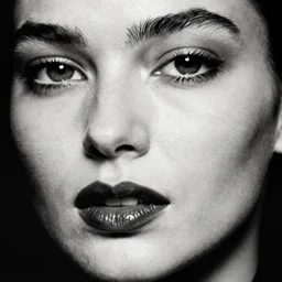 black and white 1 9 9 3 vogue magazine extreme closeup photo portrait of an unusually attractive female fashion model, dark lipstick, by herb ritts
