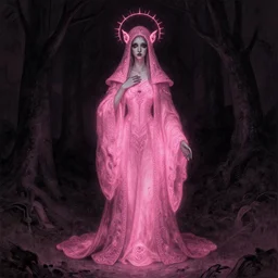 portrait of a magical priestess, intricate clothes, despair, glowing pink, centered, death, by edgar maxence and ross tran, zdzisław beksinski, and michael whelan, distant, gustav dore, 8 k