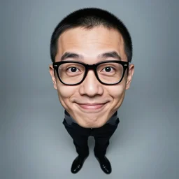 portrait of an asian man, with black framed vulk glasses, architect, short haired, deep black eyes, quirky smile, full body shot, 5 5 mm photo