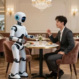 a robot and a man in a fancy restaurant as couples on a date