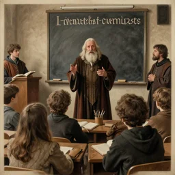 middle ages lecture, old teacher speaks to young students | | realistic shaded, fine details, realistic shaded lighting poster by greg rutkowski, diego gisbert llorens, magali villeneuve, artgerm, jeremy lipkin and rob rey