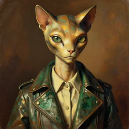 detailed portrait in femininity, alien, feline, realistic face sculpted features, clear eyes, statuesque model, eclectic fashion, structure jacket with collared shirt, warm glow, bathed in light, chiaroscuro, specular highlights, angular impressionism, radiant, deep rich tones, burnt sienna and emerald color palette, vintage illustration