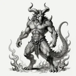 full body, grayscale, 3/4 view, three quarter view, balrog, demon, muscled, large horns, heroic pose, arms to side, hoofs, claws, long tail with horns, covered by swirling flames, tattoo, stylized, tarot, Gustave Dore