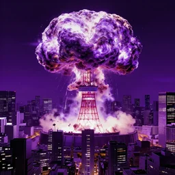 nuclear explosion in the middle of tokyo, purple colors, in the combination of daft punk style and akira style, popular on artstation, unreal engine, drone photo, nvidia graphics,.