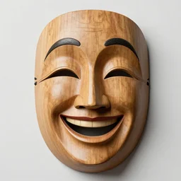 wooden mask of joy design, character sheet, Moebius, Greg Rutkowski, Zabrocki, Karlkka, Jayison Devadas, Phuoc Quan, trending on Artstation, 8K, ultra wide angle, zenith view, pincushion lens effect