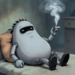 A vrial meme photograph of drilbot smoking a cigarette while in a coma