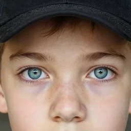 detailed portrait of a boy with light blue eyeswearing a black cap, realistic and detailed eyes, intricate photo, incredibly highly detailed and realistic, 8 k, sharp focus