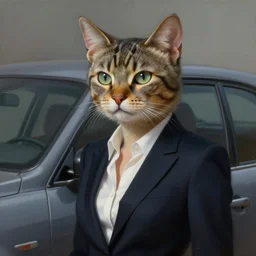 epic professional digital art of female human - cat hybrid animal wearing business suit, humanoid car head, cat ears, painting, by leesha hannigan, iris van herpen, artstation, cgsociety, wlop, epic, much wow, much detail, gorgeous, detailed, cinematic, masterpiece
