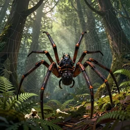 an ugly giant spider, beautiful, realistic, atmosphere, vibe, forest, giant webs, ferns, bones, concept art illustration, color page, tone mapping, akihiko yoshida, james jean, andrei riabovitchev, marc simonetti, digital illustration, greg rutowski, volumetric lighting, sunbeams, particles