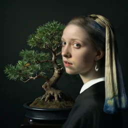 a woman's face in profile, made of bonsai, in the style of the dutch masters and gregory crewdson, dark and moody