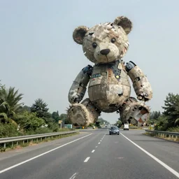 photo of freeway with a gigantic robotic dilapidated teddy bear in the distance, canon ae - 1, simon stalenhag,
