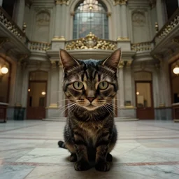 the cat creature in city hall, it looks me in the eye film still from the movie directed by denis villeneuve and david cronenberg with art direction by salvador dali, wide lens