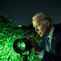 green infrared night vision footage of Joe Biden leaning in close to the lens, 1080p pulitzer prize winning photograph