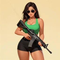 beautiful curvy anime girl with athletic feminine body holding m 4 assault rifle, long hair, green tank top, black shorts, aviator classic sunglasses, anatomically correct, tanned body, art by dustin nguyen akihiko yoshida greg tocchini, empty background, elegant, vibrant colors, morandi color scheme, octane render, commission art