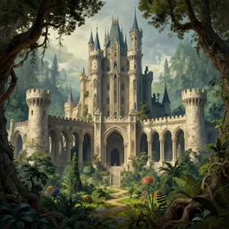gigantic castle, arches adorned pillars, towers, archways, gnarly trees, lush vegetation, forrest, landscape, alex ross, neal Adams, david finch, , concept art, matte painting, highly detailed, rule of thirds, dynamic lighting, cinematic, detailed, denoised, centerd