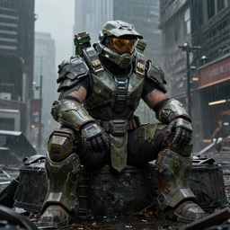 character portrait of a big bulky female warrior wearing mjolnir armor from halo infinite sitting down in a desolate city, 8 k, ultra realistic, matte, moody lighting, good value control, sharp focus, wet, rain, john singer sargent, masami suda