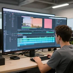 guy editing a video in after effects infront of a computer screen, wide angle