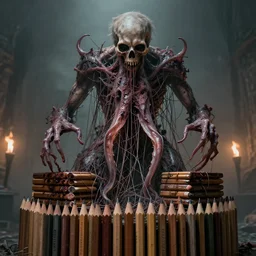 pencils of elder ruin stacked, tiered, dead god, unsymmetrical, horror squid cube goliath eviscerated by fimbria wires, by v finlay, wayne d barlowe, stefano tamburini, geof darrow, torch light, muted colors, epic, hyper detailed, awe inspiring, award winning horror, hyper realism, cinematic