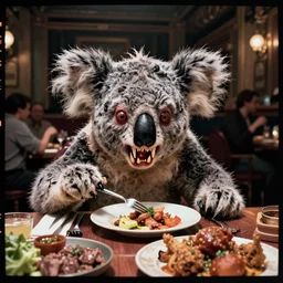 movie frame still from live action crazy shaved koala vampire with long and sharp fangs eating dinner, 8 k, vhs effect, ultra wide angle, zenith view, greg rutkowski, kim jung gi, ilm, oscar winning photography, grain, dramatic lighting, greg nicotero, straight to vhs, troma, horrifying movie, horror movie, sharp focus, ultra lens