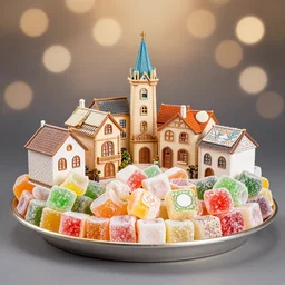 professional studio photo of tiny village made sweets and candys and turkish delight, artstation, ultra High resolution, bokeh effect, light studio photo