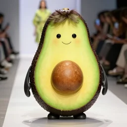 an humanoid avocado that looks like bob ross on a fashion runway