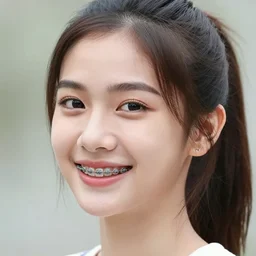 close up portrait of a thai girl with braces, smiling, short hair with a ponytail, very beautiful, pixiv, sharp, detailed, high quality, by greg rutkowski, artgerm