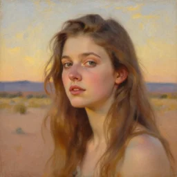 detailed oil portrait of rhea seehorn, full head, dreamlike whistful expression, new mexico background painted by pierre auguste cot, very romantic, beautiful textures, desert sky, golden hour lighting