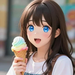 teenage cute girl with extremely detailed blue eyes!, holding a cone of rainbow ice cream!, happy excited expression!!, full face, medium shot, anime, fantastic details, trending on artstation, pixiv, hyperdetailed, stanley artge rm lau, wlop, rossdraws, mandy jurgens and artgerm and william - adolphe bouguereau, sakimichan