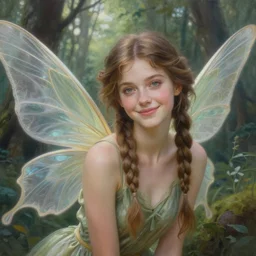a beautiful happy face forest fairy by artgerm in a scenic woods, sweet, graceful wings muted colors, sharp focus, high fantasy art, fairy aesthetics, intricate, elegant, highly detailed, hyperrealistic painting, artstation, concept art, painterly, dreamy, soft illumination, hasselbrad photography, illustration, art by scot howden