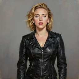a very beautiful oil painting of scarlett johansson wearing a tight black leather jacket, very aesthetic and attractive, trending on artstation
