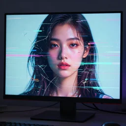 A broken monitor with a calm AI women's face on it. Very very very strong glitches on the monitor. The face is blurry with glitches. Extremely high detail, glitchcore, glitches, glitch, cyberpunk, 8k render
