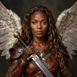 arabella mistsplitter, solo female darkskinned angelic soldier, midfifties, long brown hair, clear green eyes, african, ethiopian, magnificent oval face, leather armor, shortsword, a female dnd fighter's portrait, clear eyed, magical realism, realistic, by brian patterson and rhads!!!