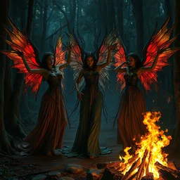 illustration studio portrait of three dark beautiful seraphim female energy dancing in artistic poses in a coven at the forest, a big firepit emerges, monet painterly motives and textures pattern, hyper detailed, octane render, vivid colors, artstation, by jeremy mann, by alphonse mucha, by monet