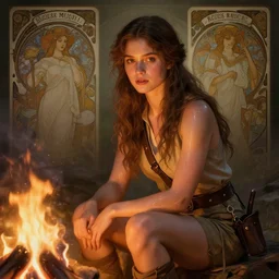 epic portrait a scout woman sitting by campfire, beauty, pretty face, glossy skin, glowing, digital painting, artstation, concept art, soft light, hdri, smooth, sharp focus, illustration, fantasy, intricate, elegant, highly detailed, D&D, matte painting, in the style of Greg Rutkowski and Alphonse Mucha and artemisia, 8k, highly detailed, jurgens, rutkowski, bouguereau, pastoral, rustic, georgic
