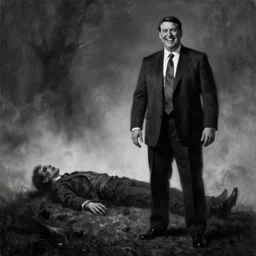 Ted Cruz with a wide grin standing on a hill with a dead body in the background, black and white, creepy lighting, scary, horror, foggy atmosphere, ornate, eerie, fear, oil painting
