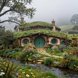 hobbiton architecture with garden, near a stream, highly detailed matte painting, foggy evening, by stanley artgerm lau, greg rutkowski, thomas kinkade, alphonse mucha, loish, norman rockwell, artstation, unreal engine 5