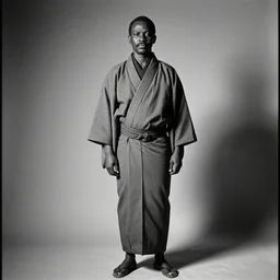 analogue photo of an african chief wearing Japanese Kimono, african facial features, full body shot, rembrandt lighting 35mm, f/1.4, black & white, photographed by Martha Cooper,