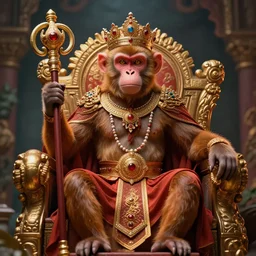monkey king godly lord of monkeys, wearing a crown, holding a staff, sitting in throne 8 k render high detail