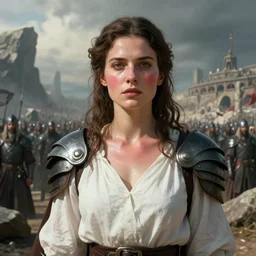 cinematic shot epic portrait an female wearing a white blouse and shoulder armor commanding her army on a dead world full of rocks, barracks backround, majestic, beautiful, blush, sweaty skin, broad light, ambient occlusion, volumetric light effect, made by ivan aivazovsky, peter mohrbacher, greg rutkowski, matte painting, trending on artstation, 4 k, perfectly defined features, digital painting, cinematic, epic, highly detailed,