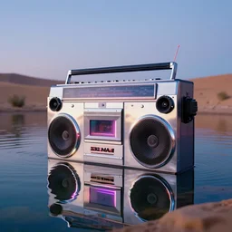 4 k polaroid wide angle photo of a giant stainless steel reflective boombox speaker, half submerged in water, in a desert oasis lake, at dusk, with neon lighting