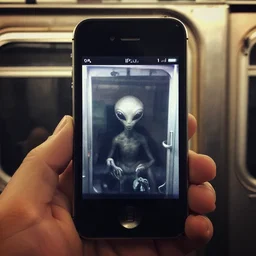 an iphone 4 photo catching a glimpse of a small alien creature in a new york city subway, gloomy, grainy